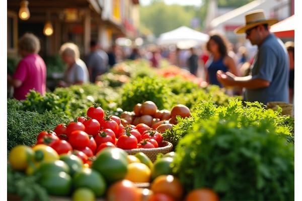 A vibrant Austin farmers market with fresh produce, bustling with local vendors and shoppers.