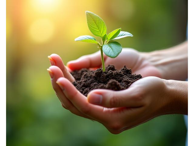 A serene hand holding a sprouting green plant against a soft, sunlit background, symbolizing growth, care, and connection to nature.