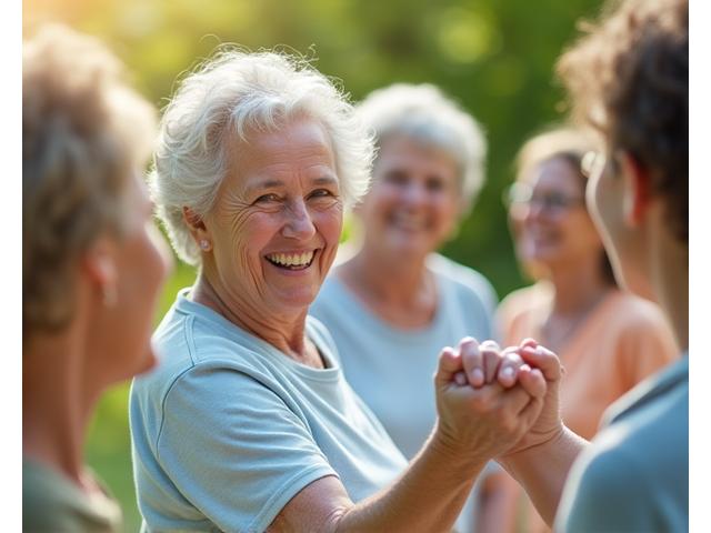 Happy mature woman smiling and holding hands with diverse group of other mature adults, representing community support and shared wellness journey