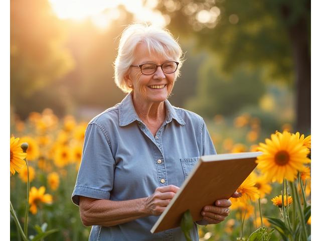 A vibrant older adult enjoying a leisurely outdoor activity like gardening or painting, symbolizing active and fulfilling aging.
