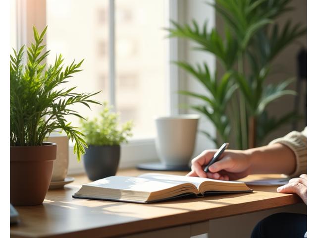 A person peacefully working from a well-lit home office with vibrant plants, highlighting work-life balance and a healthy lifestyle.