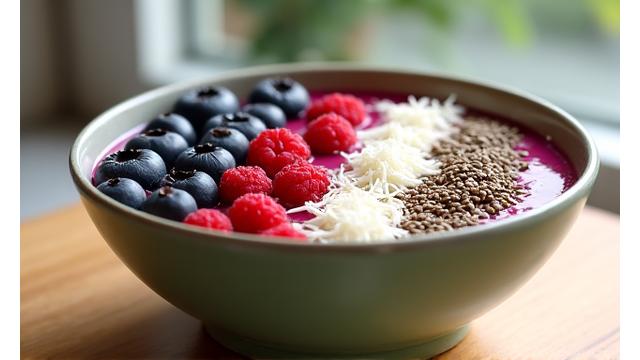 A vibrant smoothie bowl with various seeds, nuts, and berries, symbolizing healthy nutrition and energy.