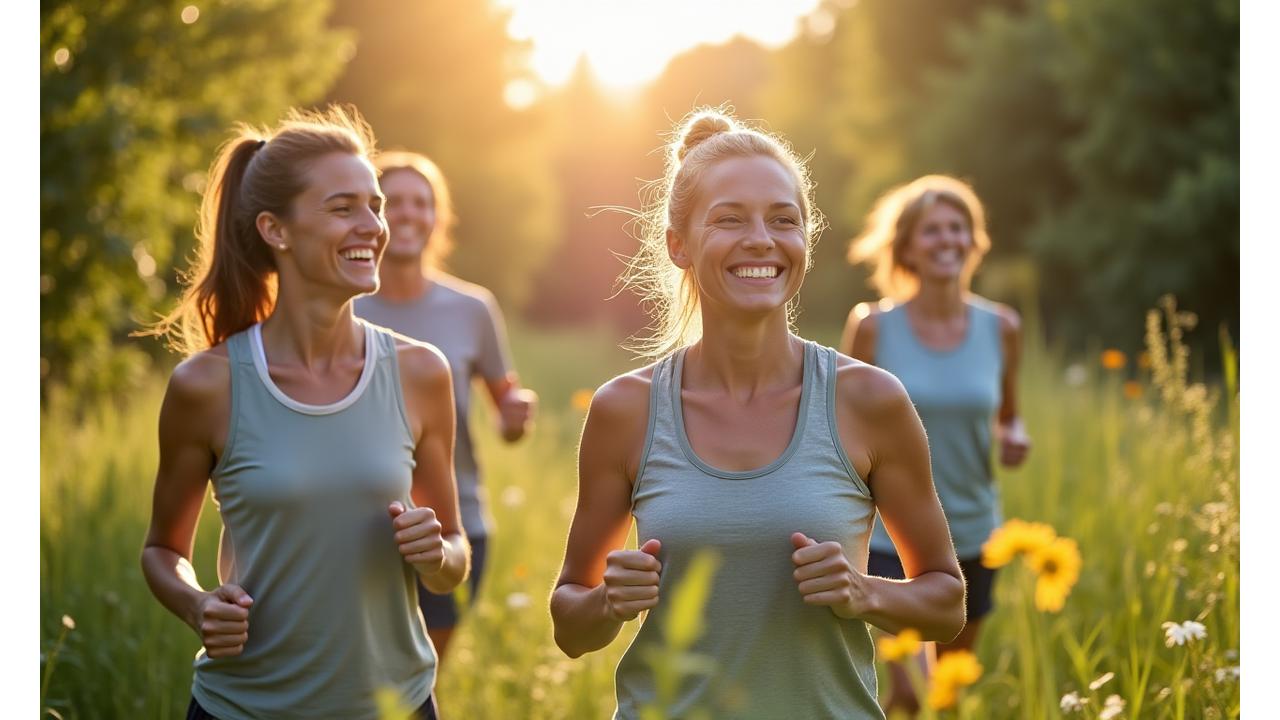 A diverse group of adults aged 35-55, smiling and engaging in an outdoor wellness activity like moderate hiking or yoga on a sunny morning, symbolizing vitality and health. Natural light, lush greenery in the background.