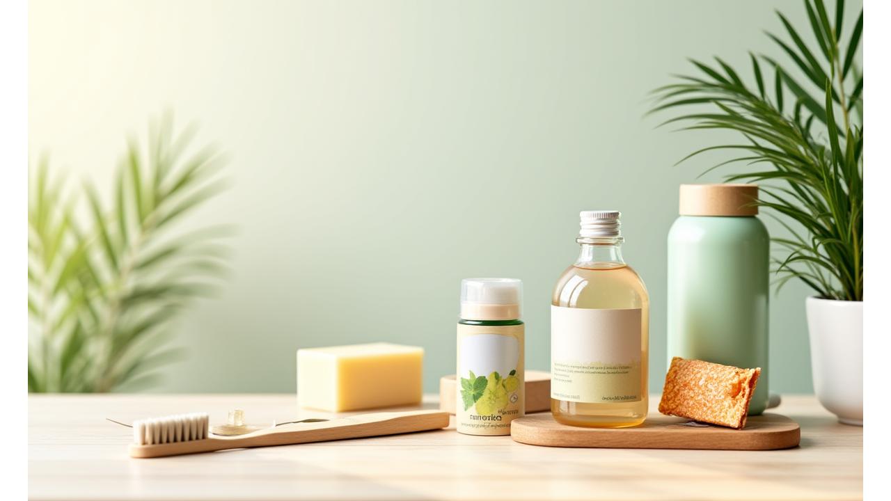 Assortment of eco-friendly wellness products including reusable water bottles, natural soaps, and healthy snacks, arranged aesthetically on a wooden surface with a soft, natural light, reflecting a harmonious balance between personal health and environmental care.