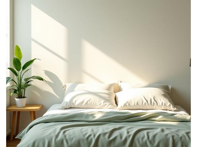 Organic cotton bedding on a naturally lit bed, implying healthy sleep and air quality