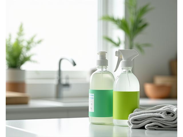 Non-toxic cleaning products on a kitchen counter, suggesting a safe home environment
