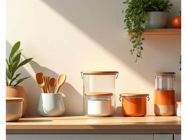 Eco-friendly kitchen essentials like bamboo utensils and glass storage, indicating sustainable living
