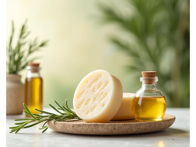 Eco-friendly solid shampoo bars and natural hair oils on a natural stone, promoting scalp health