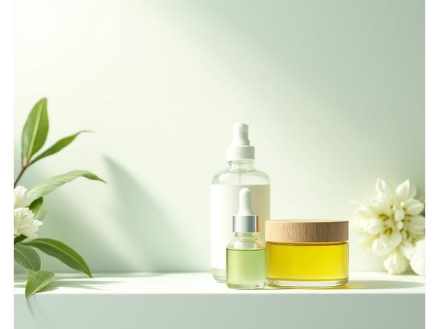 Natural skincare products in glass jars on a minimalist shelf, promoting healthy aging