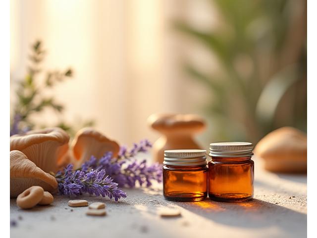 Adaptogenic mushroom supplements and calming herbs in sustainable packaging, suggesting stress relief