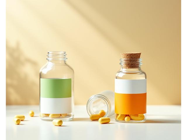 Organic vitamins and minerals in a glass bottle with compostable packaging elements