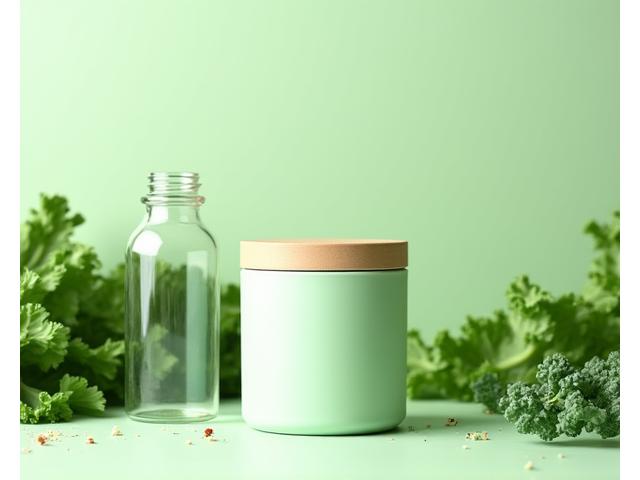 Plant-based protein powder container with leafy greens and a shaker bottle, indicating sustainable nutrition