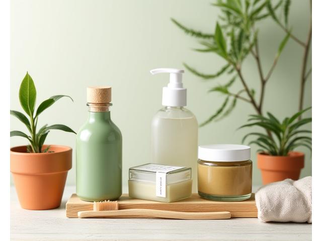 Sustainable, eco-friendly products like bamboo toothbrush, reusable bags, and natural soaps on a wooden surface