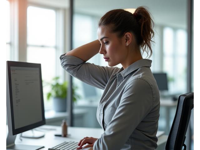 A professional performing light stretches at their desk in a modern office setting, promoting micro-movement integration in a busy workday.