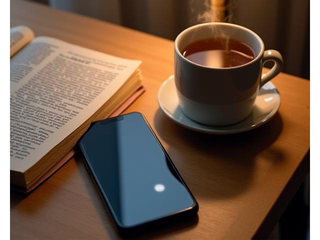 Smartphone on a nightstand with a 'do not disturb' symbol, next to a book and a cup of herbal tea, indicating a digital detox before sleep.