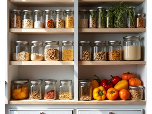 A brightly lit, well-organized kitchen pantry with clearly labeled containers of healthy food items, emphasizing order and ease of access for meal prep.