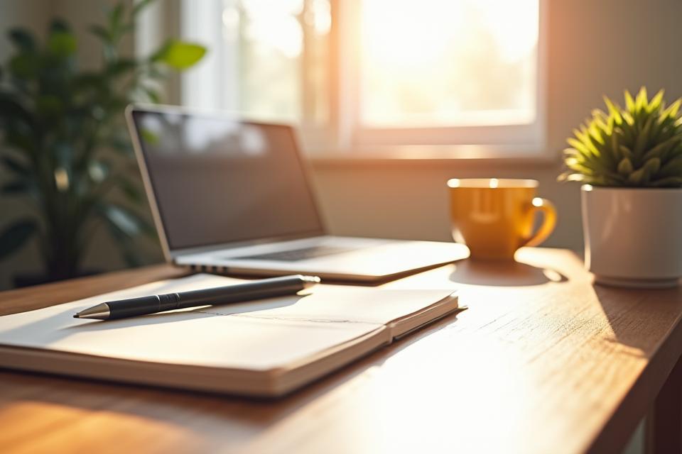 An organized desk with a clear workflow, showing a person focused on tasks without distractions, incorporating natural light and plants for a calming effect.