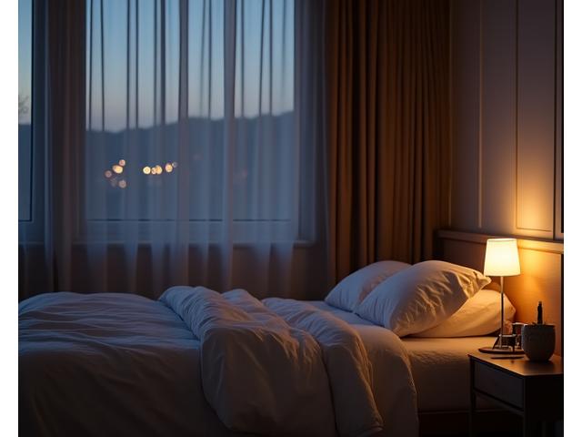 Serene, dark bedroom with subtle, warm lighting from a bedside lamp, clean sheets, and an alarm clock showing an early morning time, suggesting optimal sleep conditions.