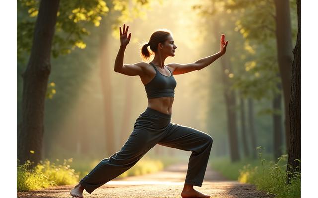 A person in flowing, natural surroundings performing gentle, mindful movement, expressing tranquility.