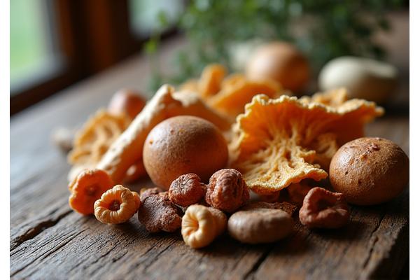 Close-up of various adaptogenic mushrooms and herbs like reishi, ashwagandha, and lion's mane, artfully arranged on a wooden table.