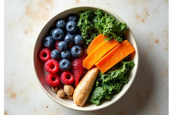 A colorful bowl of anti-inflammatory foods including turmeric, ginger, berries, leafy greens, and fatty fish, styled appealingly on an ivory background.