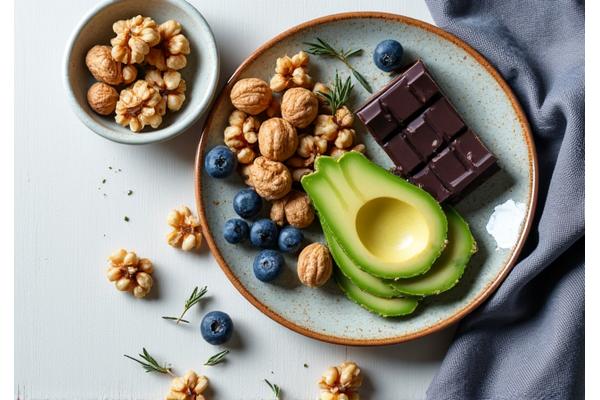 Overhead view of brain-boosting foods: walnuts, blueberries, avocados, dark chocolate, and a sprig of rosemary, arranged aesthetically.