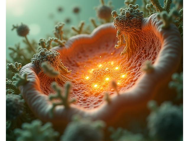 Illustration of the human gut microbiome with vibrant, abstract microbial life forms interconnected with roots and leaves, symbolizing natural health and digestion.