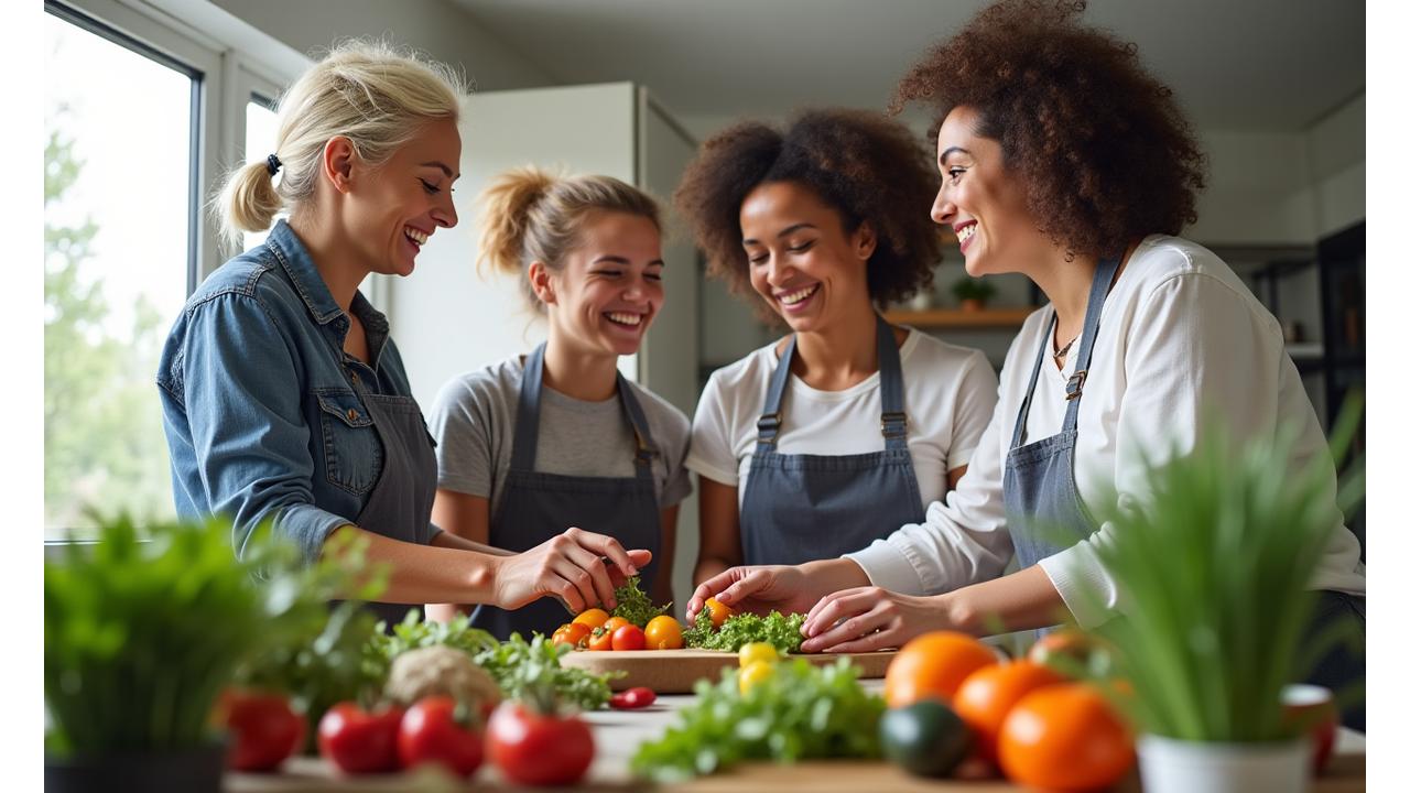A diverse group of adults aged 35 to 60, smiling, preparing a healthy meal together in a bright, modern kitchen filled with fresh produce and functional foods. The scene exudes health, community, and mindful eating.