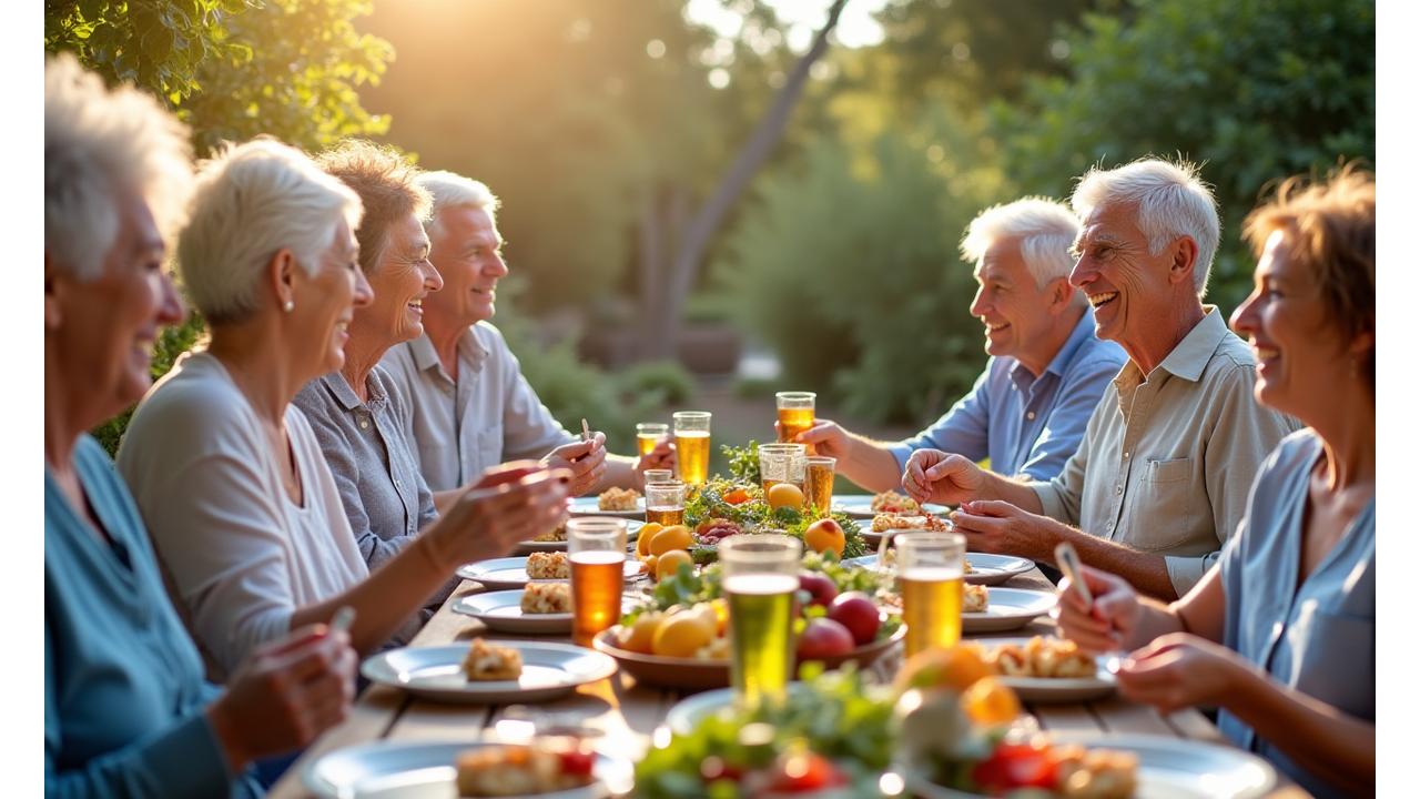 A diverse group of healthy older adults enjoying a vibrant, nutritious meal outdoors, laughing and engaging in conversation, symbolizing vitality and social connection through food.