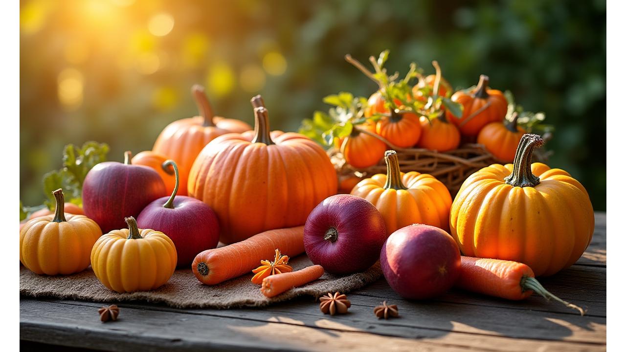 A vibrant display of fresh, seasonal produce for autumn, including gourds, apples, root vegetables, and spices, set on a rustic farm table with warm, inviting light.