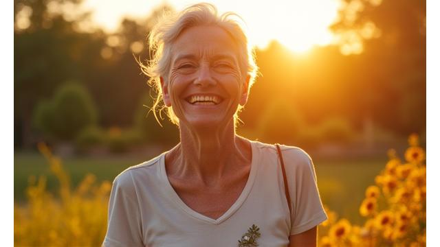 Vibrant, active older adult strolling through a garden, symbolizing midlife vitality.