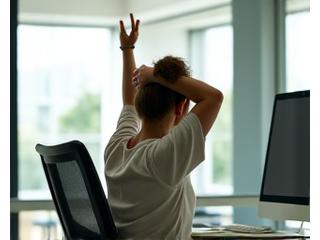 A professional performing light stretches at a desk, indicating desk yoga for stress relief.