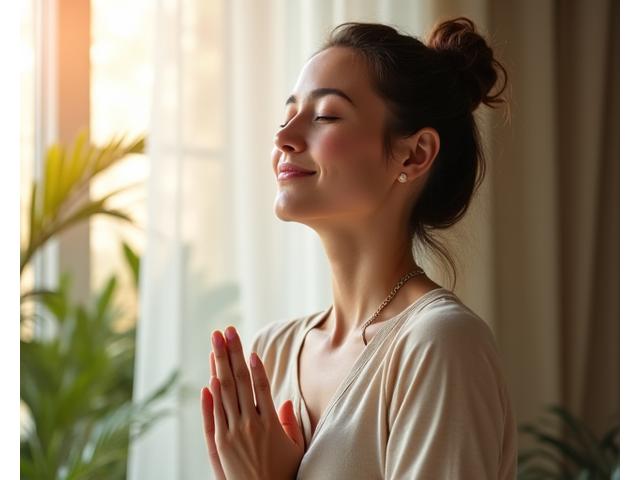 A serene adult woman practicing a gentle stress-relief technique, eyes closed in contemplation, surrounded by soft, natural light and hints of calming greens.